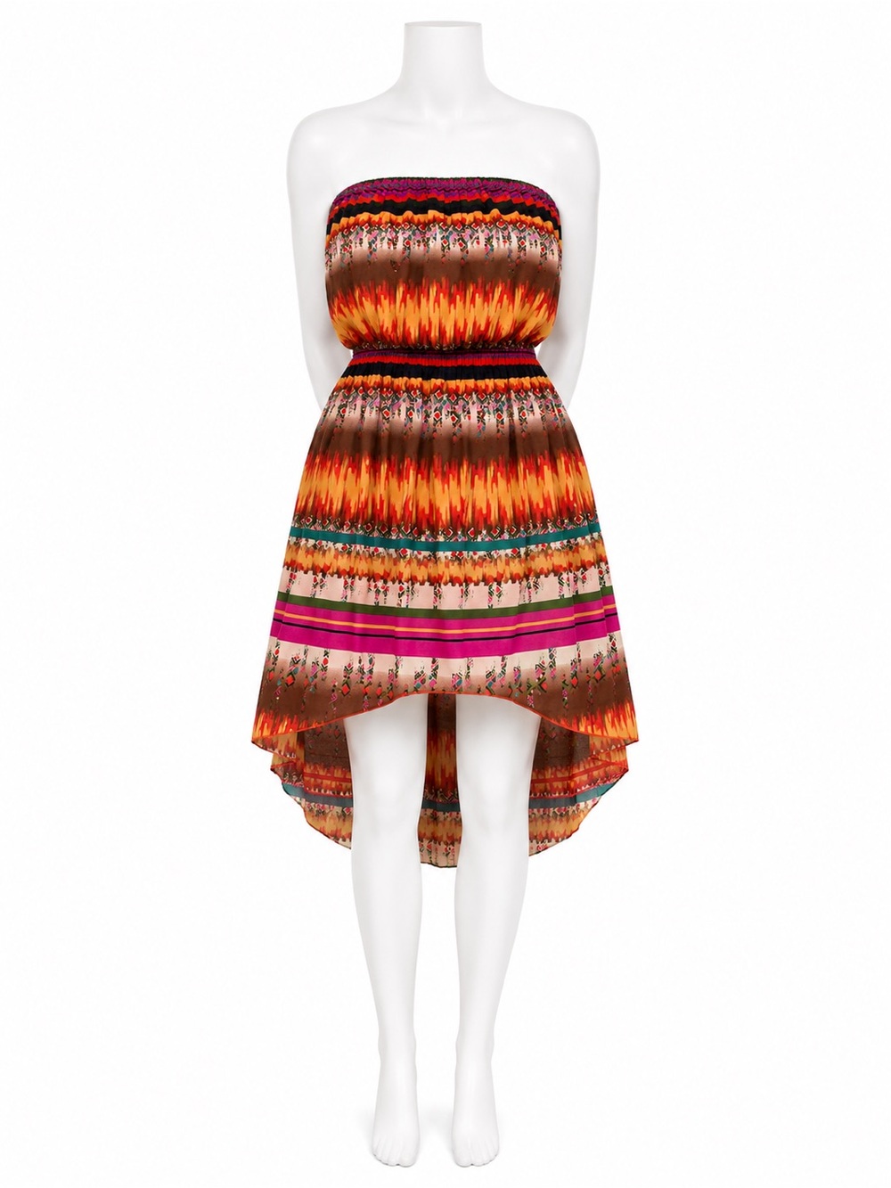 Strapless High-Low Summer Dress in Orange Multi
